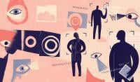 Image of eyes and figures suggesting surveillance.